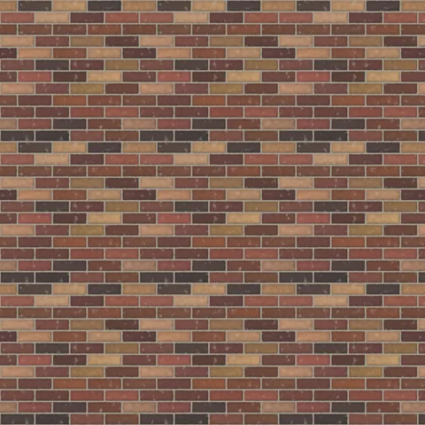 Seamless reclaimed multi brick texture in running bond, 220 × 68 mm bricks with 10 mm grey mortar, shown over a 2.808 m square