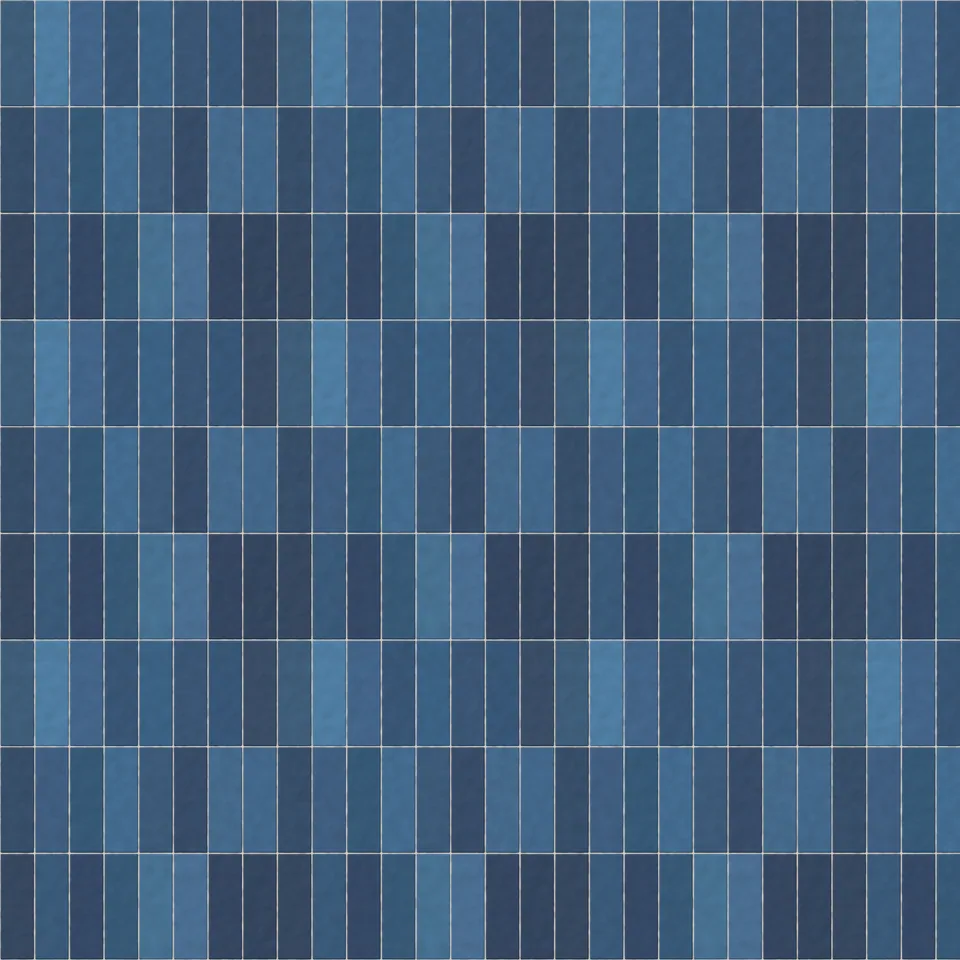 Seamless handmade blue tile, vertical stack texture in stack bond, 63 × 198 mm tiles with 2 mm off-white grout, shown over a 1.8 m square