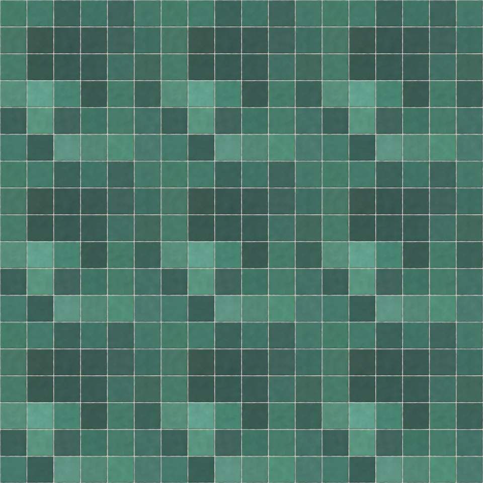 Seamless green zellige tile texture in stack bond, 98 × 98 mm tiles with 2.5 mm off-white grout, shown as a 3×3 repeat