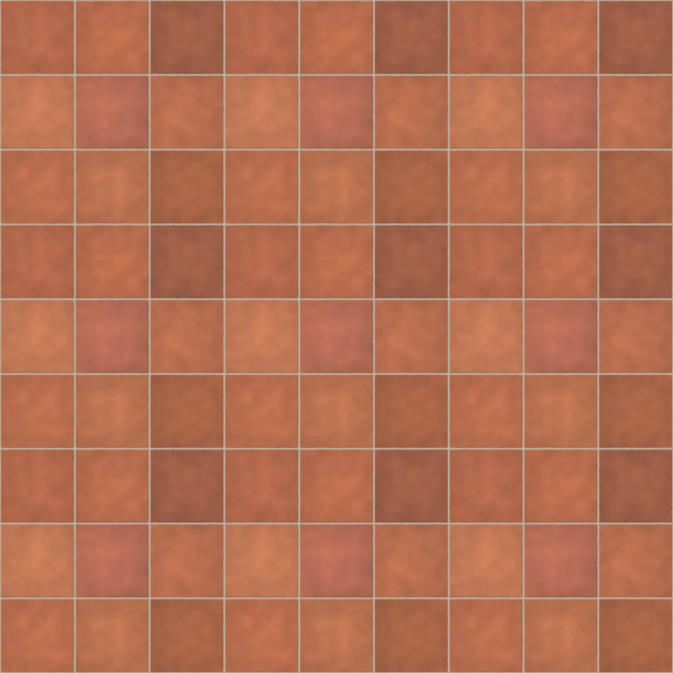 Seamless terracotta floor tiles texture in stack bond, 297 × 297 mm tiles with 8 mm sand grout, shown as a 3×3 repeat